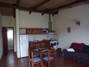 阿尔米隆温泉El Remanso De Almiron的厨房以及带桌子和冰箱的客厅。