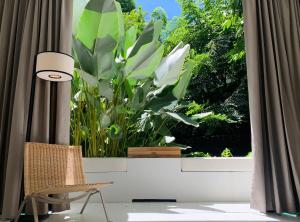 清迈K Maison Lanna Boutique Hotel-SHA Plus Certified的一间房间,配有椅子和一扇种植了植物的窗户