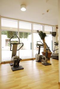 博尔戈圣洛伦索里帕维尔德公园酒店的健身房设有两台跑步机和大窗户