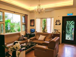 凤林镇云淡风清民宿的客厅配有皮革家具和吊灯。