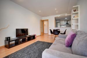 瓦伦西亚Malvarrosa Beach Apartment的客厅配有灰色的沙发和电视