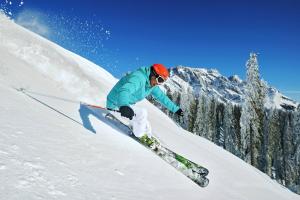 玛丽亚阿尔姆隆宁霍夫酒店的一个人在雪覆盖的斜坡上滑雪