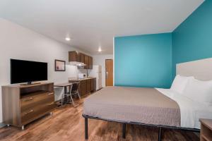 查尔斯顿WoodSpring Suites | North Charleston Airport I-526的一间卧室配有一张床、一台电视和一张书桌