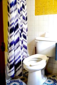 萨凡纳Savannah Inn and Suites Savannah Port Area的一间带卫生间和淋浴帘的浴室