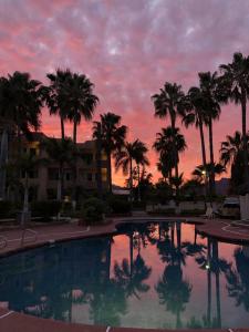 圣卡洛斯特塔卡维庄园酒店的棕榈树游泳池的日落