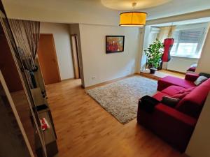蒂米什瓦拉Lucky Home Timisoara 1的客厅配有红色沙发和地毯。