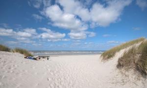 内斯AMELAND-Nes-Duinoord: Stacaravan (chalet) + fietsen direct aan zee!的坐在海边沙滩上的长凳