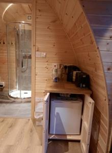 马汉莱斯Bwlcheinion Sea View Glamping的带淋浴和盥洗盆的小浴室