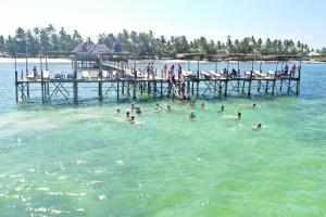 乌罗阿Paradise Beach Resort & Spa的一群人在码头附近的水中游泳