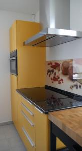 希尔德斯海姆Stadtnahe Komfortferienwohnung für Familien und Geschäftsreisende的厨房配有黄色冰箱和台面