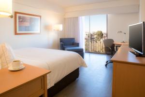 奇瓦瓦奇瓦瓦嘉年华酒店的酒店客房配有一张床、一张书桌和一台电视。