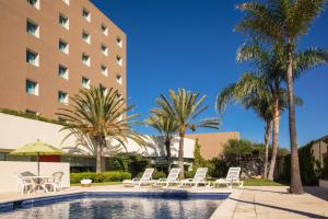 提华纳蒂华纳奥塔伊嘉年华酒店 的酒店前方的游泳池设有椅子和棕榈树