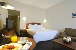 墨西卡利墨西卡利嘉年华酒店的酒店客房,配有一张床和一张桌子,上面有盘子的食物