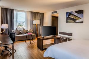 帕丘卡德索托帕丘卡大庭院嘉年华酒店的酒店客房配有1张床、1台电视和1张沙发。