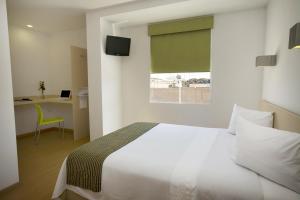 阿瓜斯卡连特斯阿瓜斯卡连特斯苏尔One酒店的卧室配有白色的床、书桌和窗户。