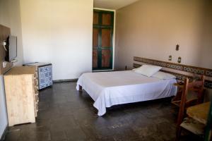 克鲁赛罗Pousada Flor da Serra的卧室配有白色的床和电视。