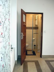 热舒夫Trend Apartment Old Market Rzeszów的一间带卫生间和玻璃门的浴室