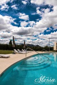 阿瓜斯卡连特斯Alesia - Boutique Hotel & Spa的一个带椅子和遮阳伞的大型游泳池