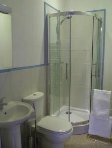 Peyrat-le-Château杜马尔尚旅馆的带淋浴、卫生间和盥洗盆的浴室