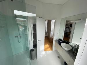 莱萨·达·帕尔梅拉Porto.Leça - Studios and Apts (Apt D)的一间带玻璃淋浴和水槽的浴室