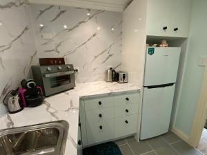 谭伯连山Curtis Falls Studio-Apartment的厨房配有白色冰箱和炉灶。