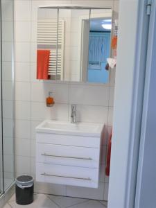 阿斯帕赫Gästezimmer in Aspach的浴室设有白色水槽和镜子
