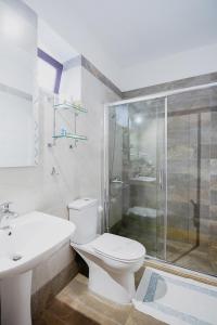 Kokkinórrakhi苹果酒店的浴室配有卫生间、淋浴和盥洗盆。