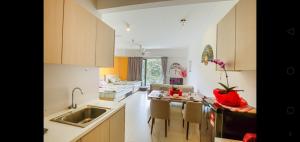 彭亨LCP T1 Honeymoon genting highland midhill homestay的一间带水槽的厨房和一间带沙发的厨房