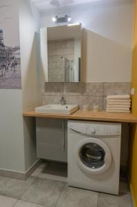 波兹南Moon Apartments Poznań的一间带洗衣机和水槽的浴室