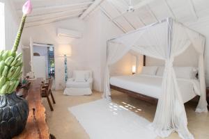 托兰克索UXUA卡萨酒店及Spa的一间卧室配有一张天蓬床和一把椅子