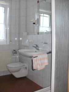 OberschwarzachPension zur Traube 3 Sterne的白色的浴室设有水槽和卫生间。
