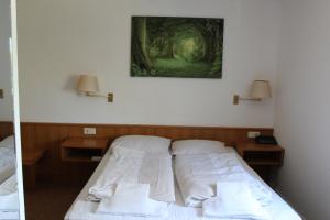 亨施泰特-乌尔茨堡Apartment Hotel的卧室配有一张床,墙上挂有绘画作品