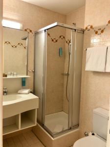 洛伊克巴德瓦力瑟洛伊克巴德阿尔卑斯温泉酒店的带淋浴、水槽和卫生间的浴室