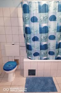 奥古林Studio apartment Meli的浴室设有蓝色的卫生间和浴帘
