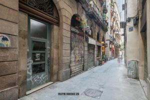 巴塞罗那阿尔卡莫吉纳斯公寓的城市中一条空洞的小巷,有建筑