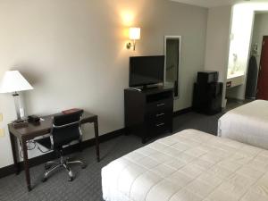 霍布斯利县酒店的酒店客房配有一张床、一张书桌和一台电视。