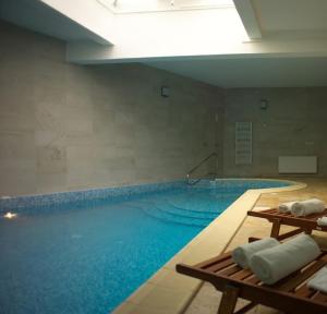 普雷代亚尔喀尔巴阡酒店的大楼内一个蓝色的大型游泳池