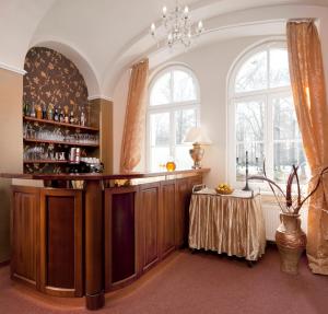 弗兰季谢克矿泉镇梅特罗普尔酒店的窗户客房内的吧台,带桌子