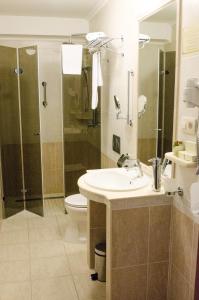 考波什堡Hotel Dorottya的一间带水槽、淋浴和卫生间的浴室