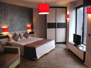 布尔加斯Gran Via的一间卧室配有一张床、一张沙发和一台电视
