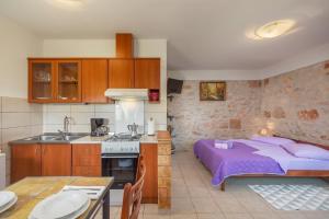 波雷奇巴沙林卡公寓的一间厨房,里面配有一张紫色的床