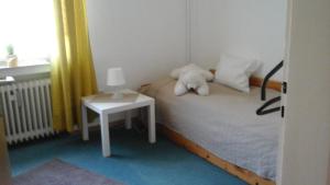 吕格德Ferienbauernhof的一只白泰迪熊躺在房间里的床边