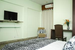 塞蒂拉瓜斯Riviera Palace Hotel的卧室配有一张床,墙上配有电视。
