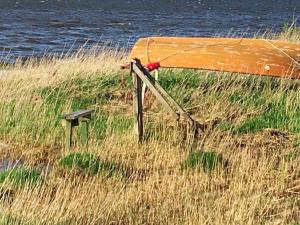 海默特6 person holiday home in Hemmet的坐在水边的草上的小船