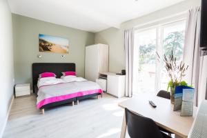 姆热日诺泽瑞佳公寓酒店的一间卧室配有一张带粉色枕头的床和一张书桌