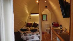 多尔盖罗Owl Hut Cosy Ensuite Pod Snowdonia Coast Sleeps 2的一间小房间的卧室,配有一张床铺