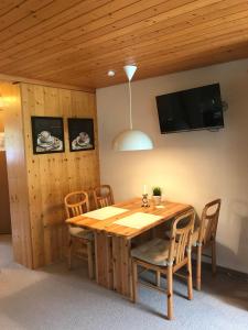 茨韦西门Ferienwohnung Résidence Sonnegg - Hein的一间带木桌和椅子的用餐室