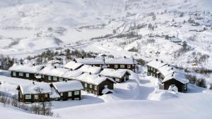 VågsliHaukelifjell Skisenter的山中积雪覆盖的村庄