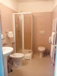 圣焦尔焦迪诺加罗Hotel Affittacamere alla Posta的带淋浴、卫生间和盥洗盆的浴室