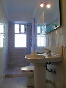 萨洛Apartamento Miramar的一间带水槽和卫生间的浴室以及窗户。